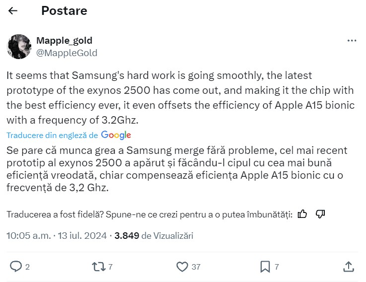 Exynos 2500 depășește Apple A15 în eficiență