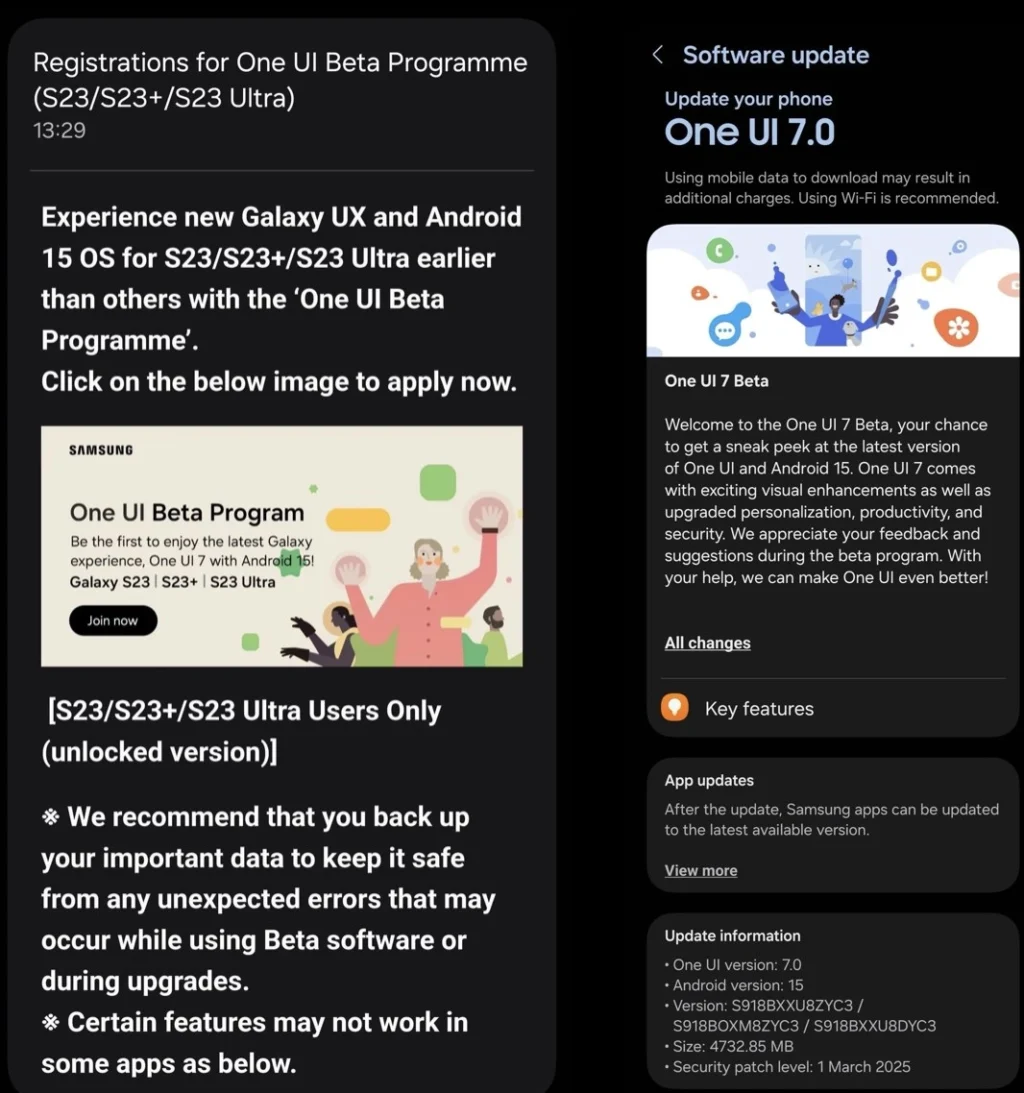 One UI 7 beta pe Android 15 pentru seria Galaxy S23
